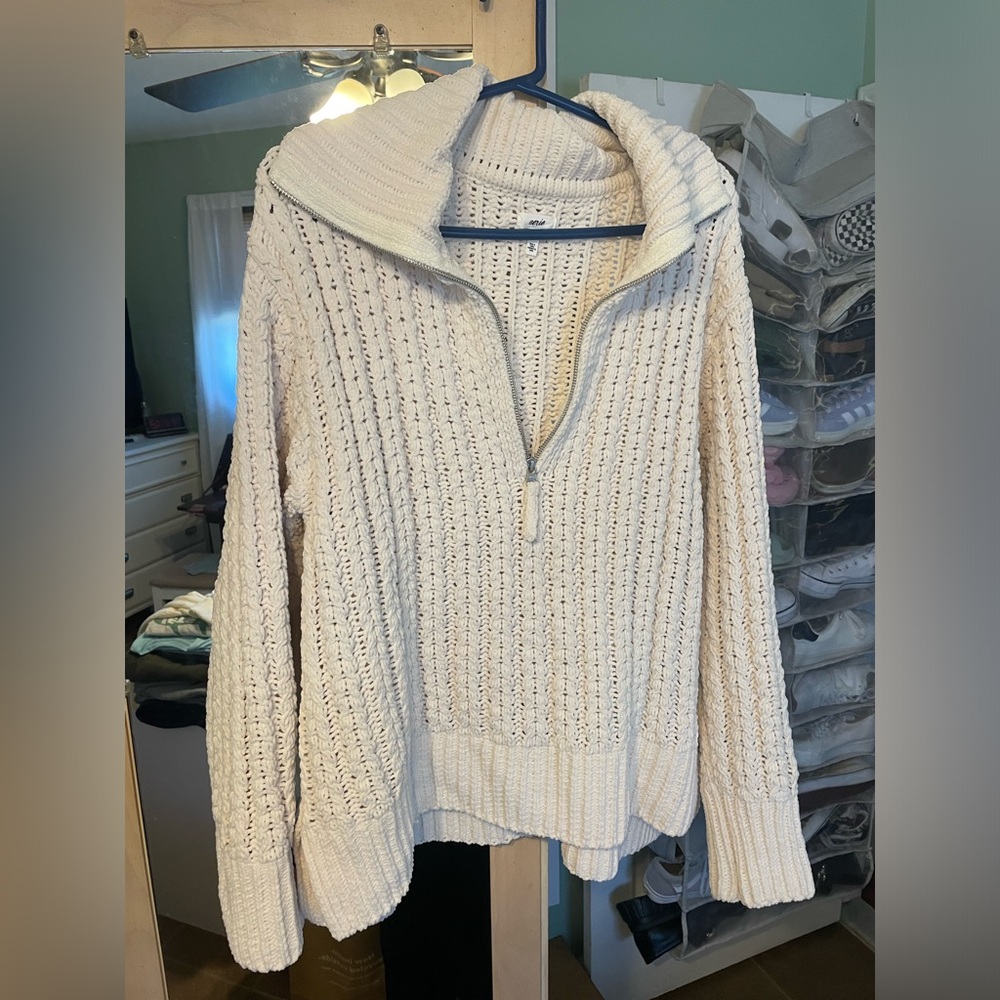 Aerie Cable Car Quarter Zip Sweater in Toasted Coconut size Large